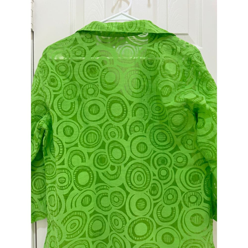 Vintage 90's Chico's Design Green Sheer 3/4 Sleeve Button Down Blouse Medium - Picture 4 of 12